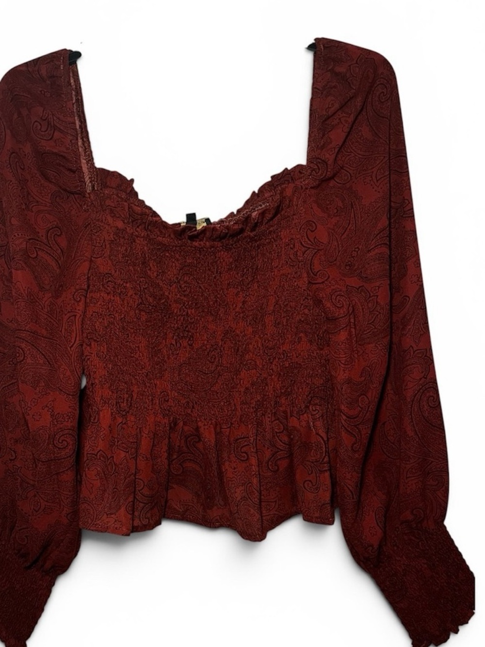 Women's Burgundy Paisley Smocked Peasant Top